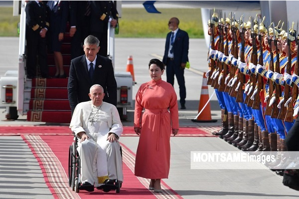 His Holiness Pope Francis Lands in Mongolia for a State Visit